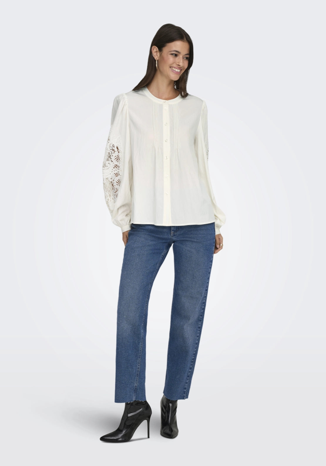 Jdy Lace Sleeve Button Up Blouse - White 3 Shaws Department Stores