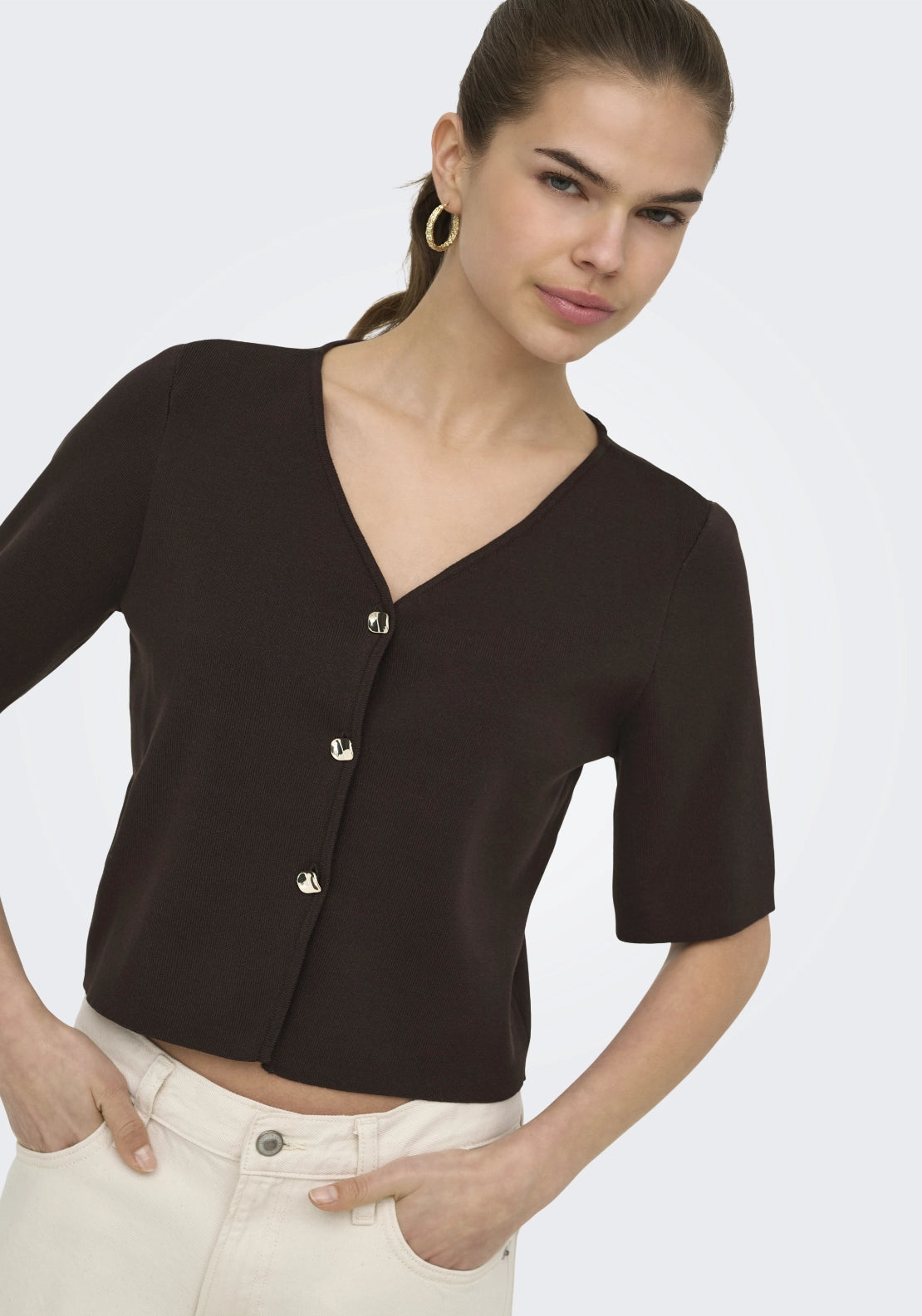 Astra V-Neck Button Cardigan - Brown
