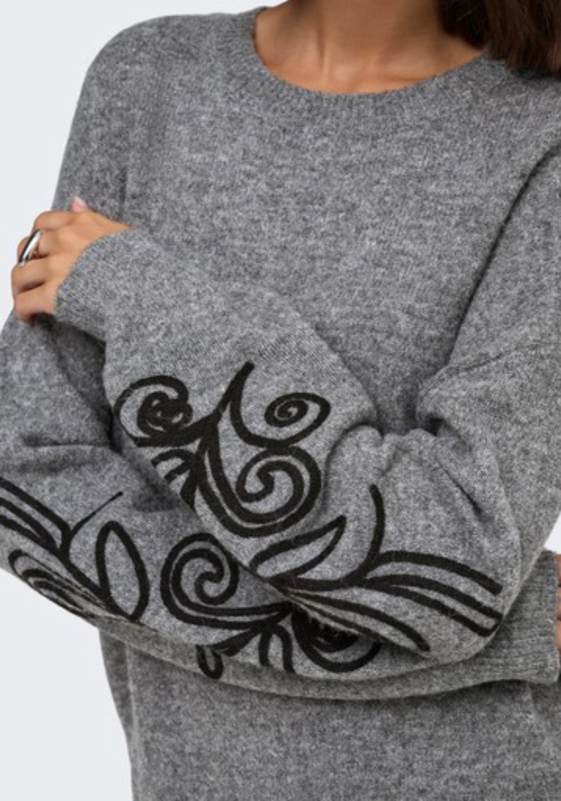 Jella Lia Long Sleeve O-Neck Pullover - Medium Grey Melange