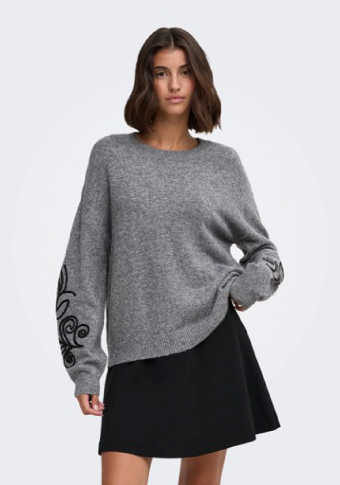 Jella Lia Long Sleeve O-Neck Pullover - Medium Grey Melange