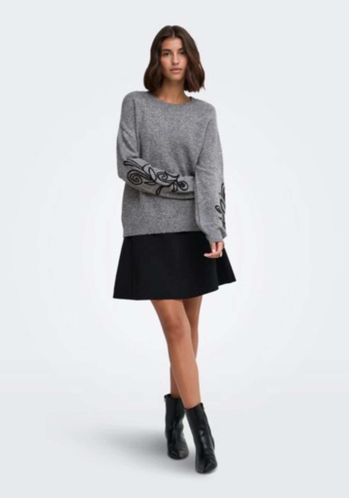Jella Lia Long Sleeve O-Neck Pullover - Medium Grey Melange