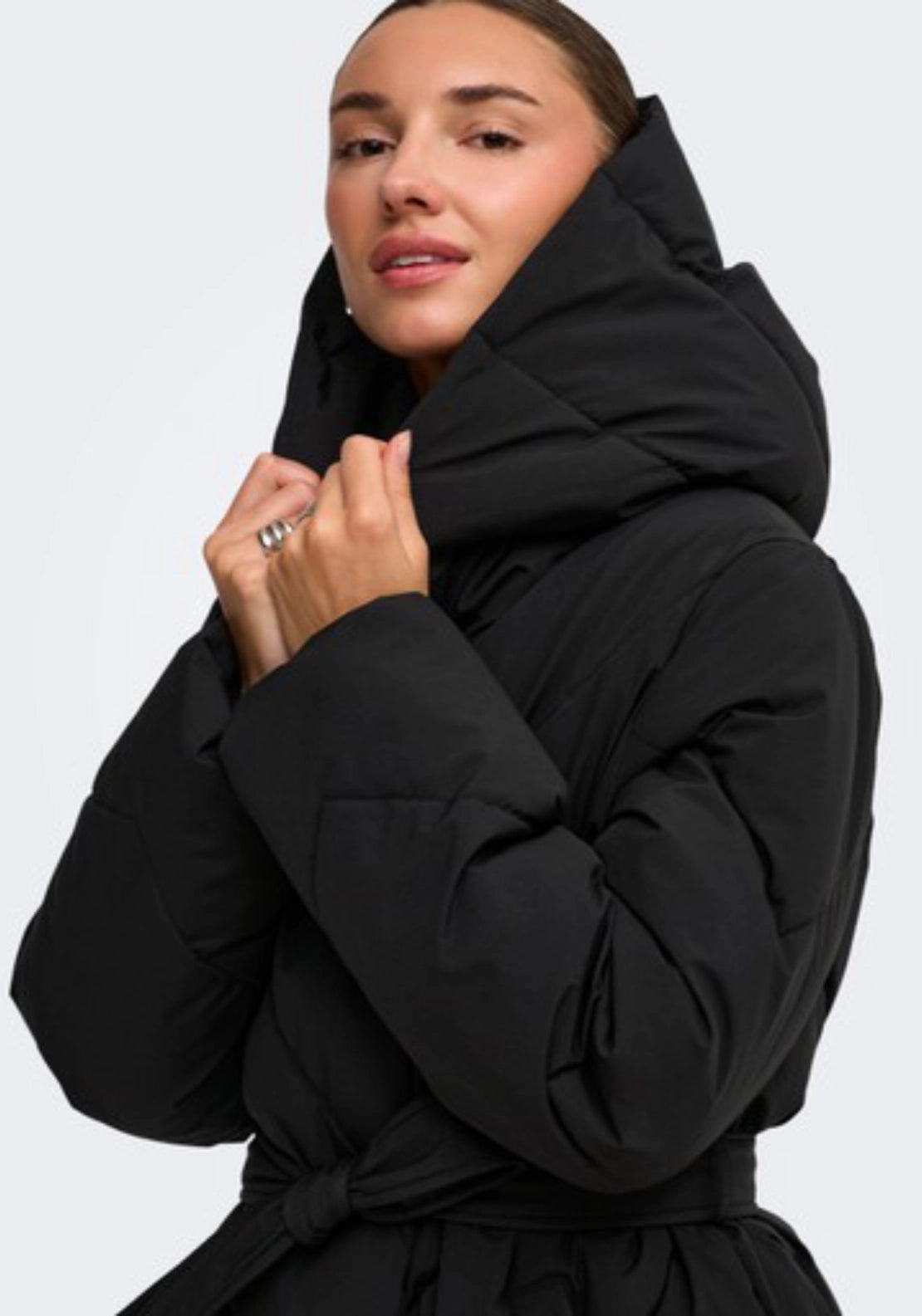 Villon Long Hood Belt Puffer Coat - Black