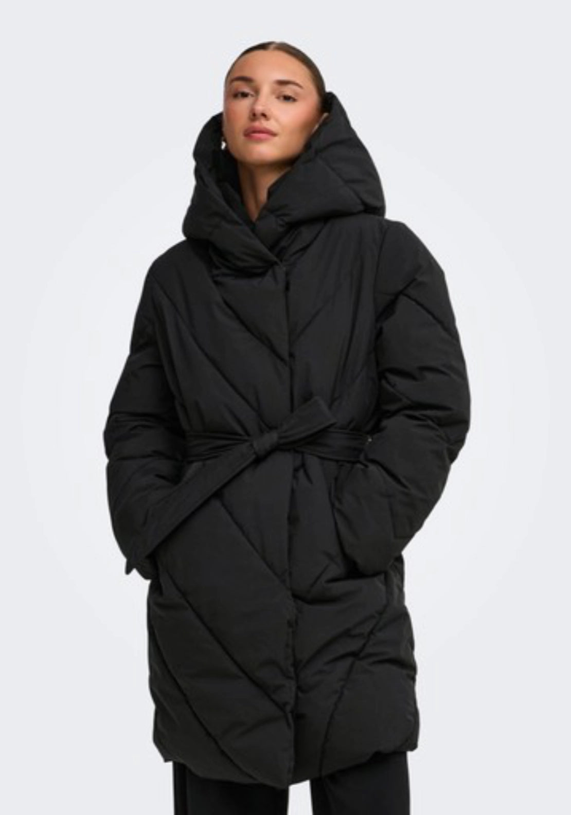 Villon Long Hood Belt Puffer Coat - Black