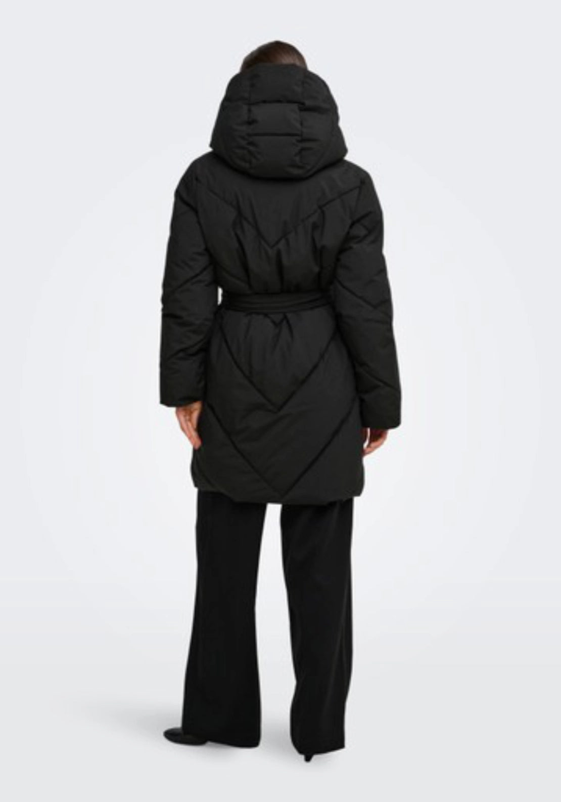 Villon Long Hood Belt Puffer Coat - Black
