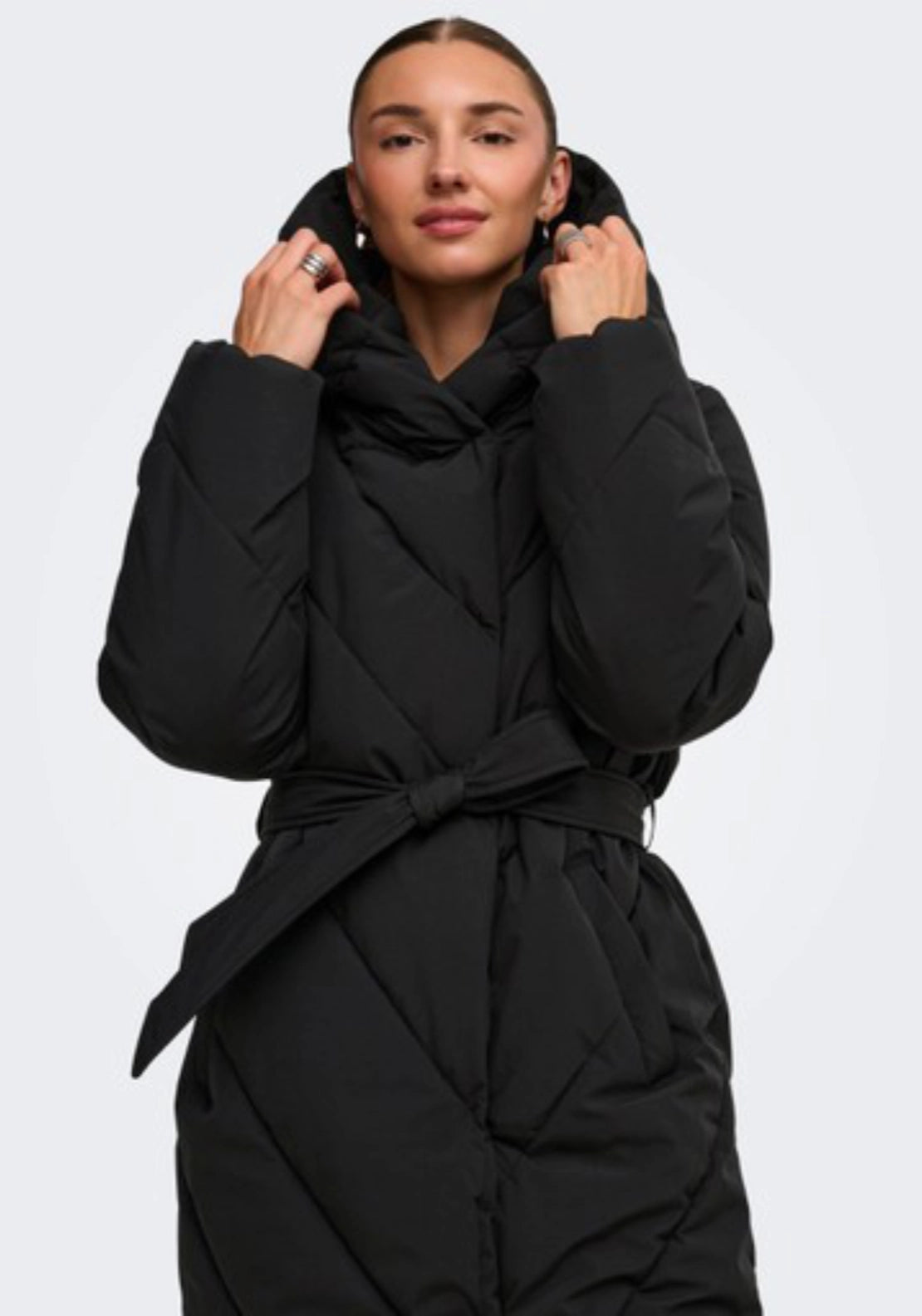 Villon Long Hood Belt Puffer Coat - Black