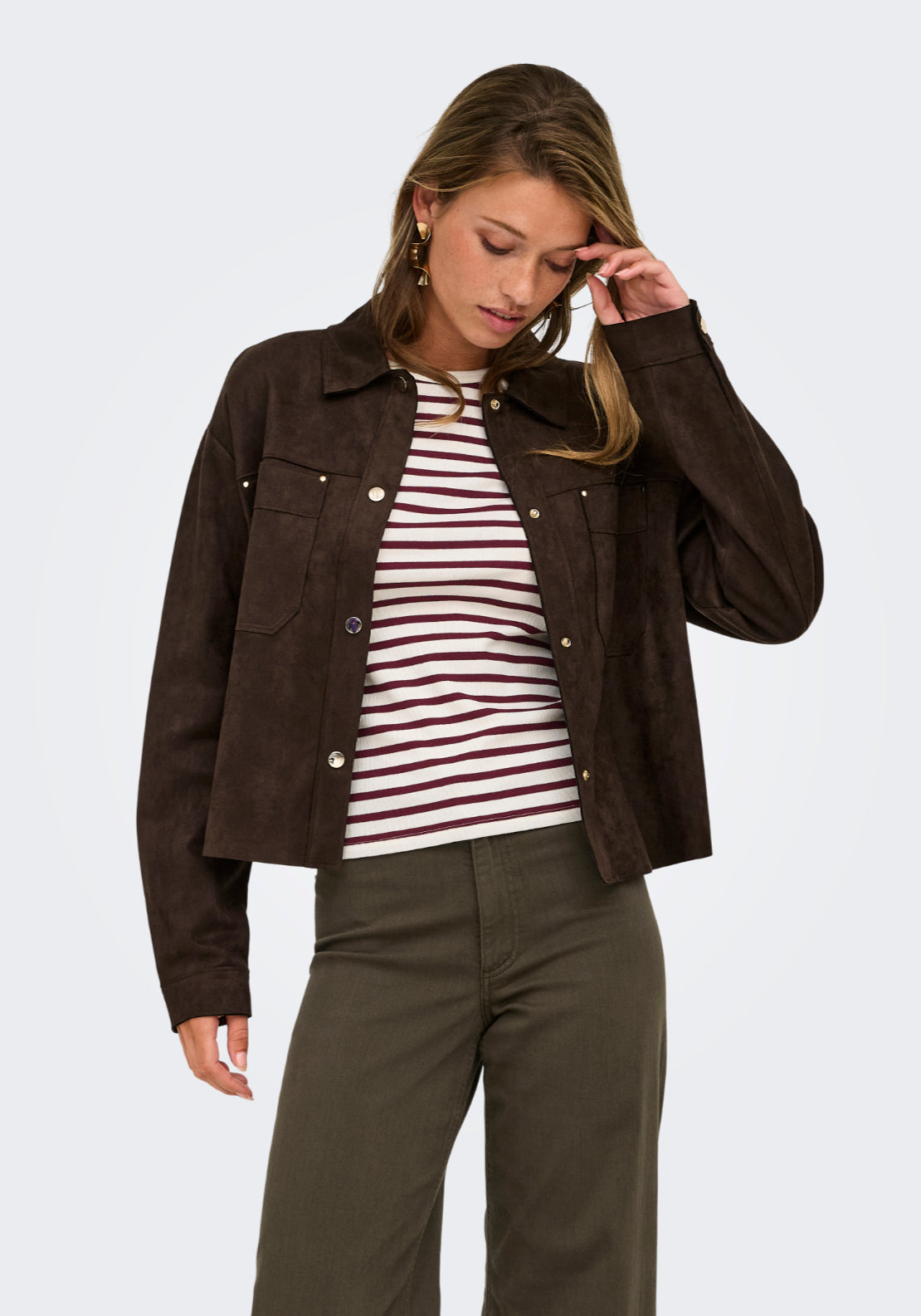 Jdy Julle Long Sleeve Faux Suede Shirt - Brown 4 Shaws Department Stores