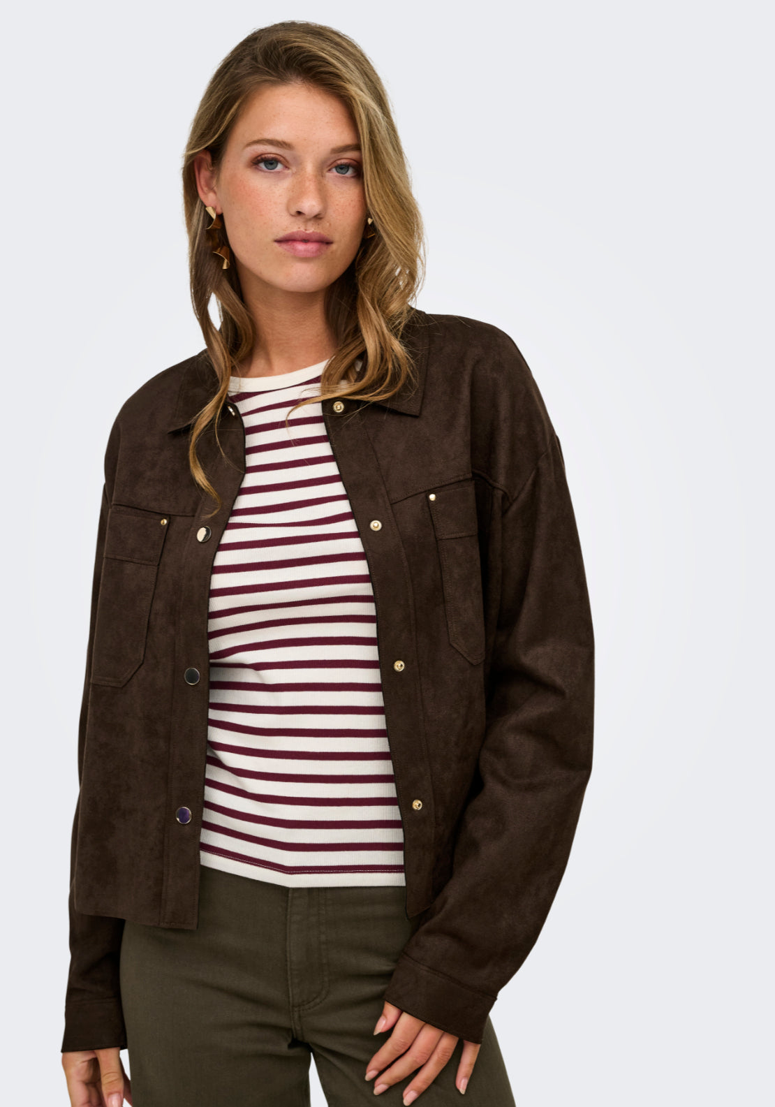 Jdy Julle Long Sleeve Faux Suede Shirt - Brown 1 Shaws Department Stores