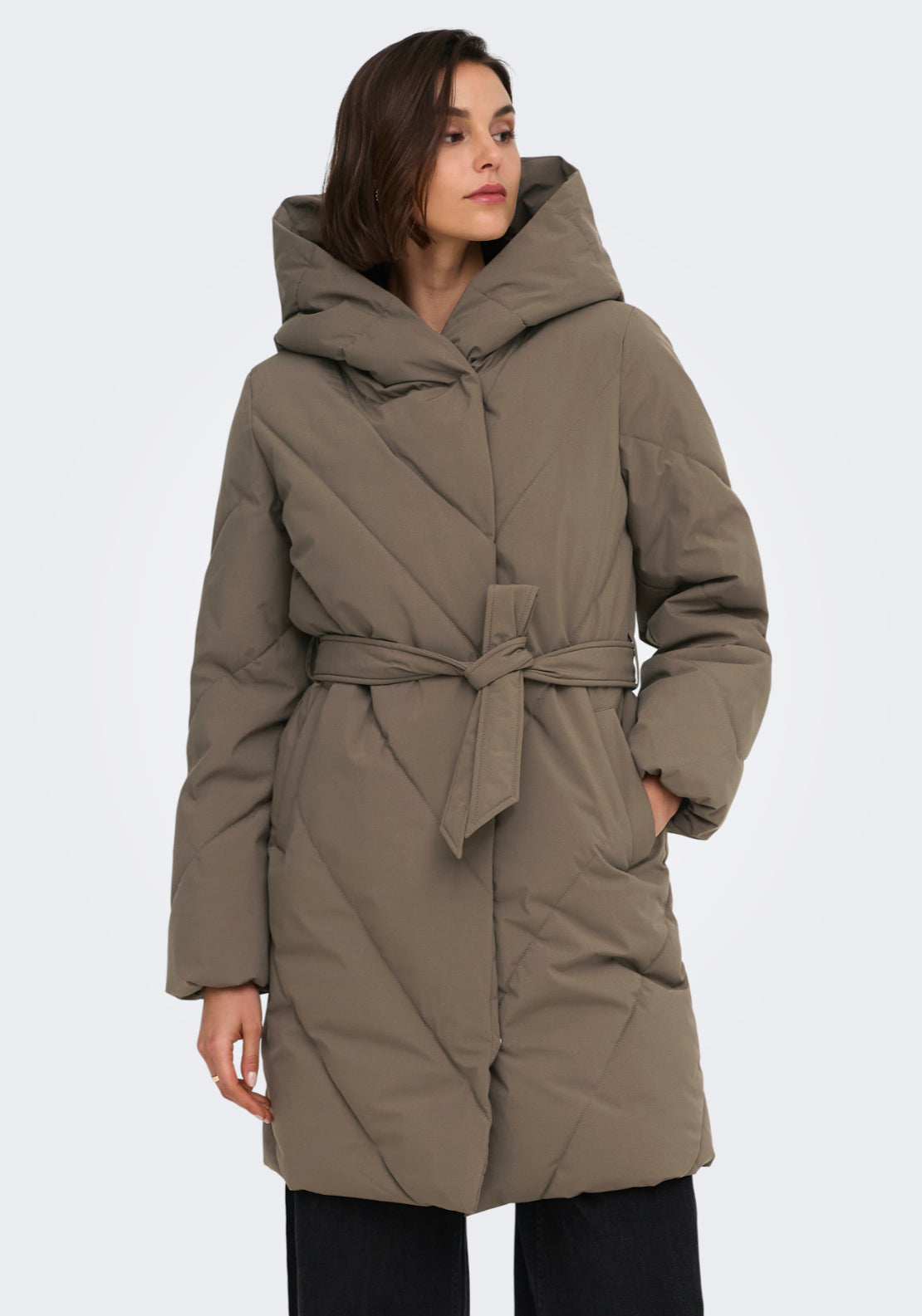 Jdy Villon Long Hood Belt Puffer Coat - Walnut 1 Shaws Department Stores