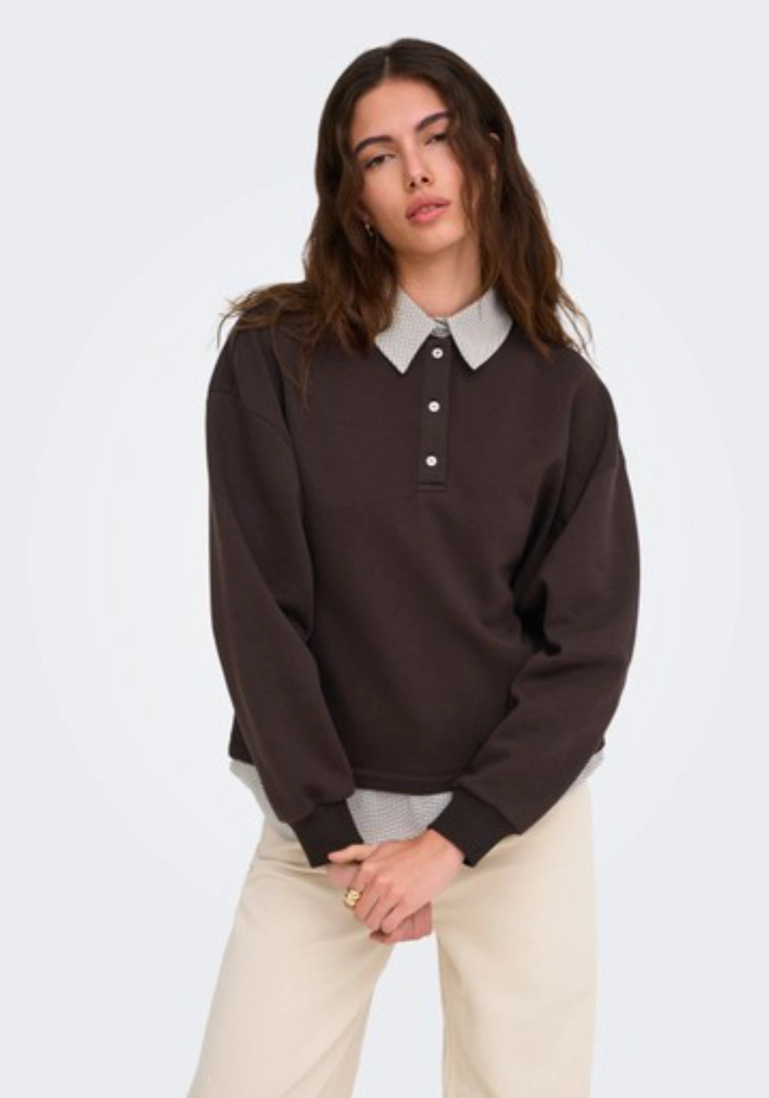 Laura Long Sleeve Collar Mix Sweatshirt - Brown