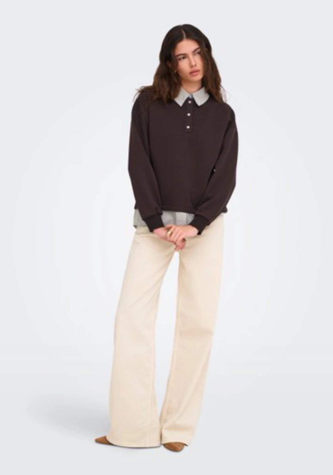 Laura Long Sleeve Collar Mix Sweatshirt - Brown