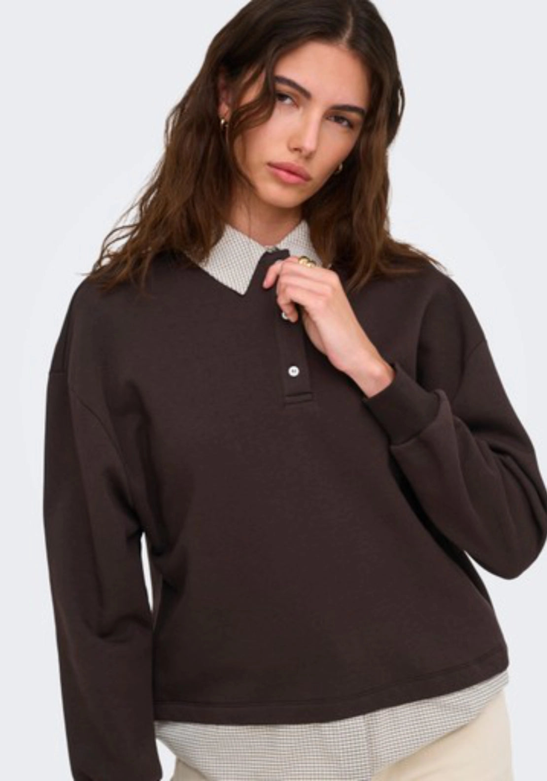 Laura Long Sleeve Collar Mix Sweatshirt - Brown