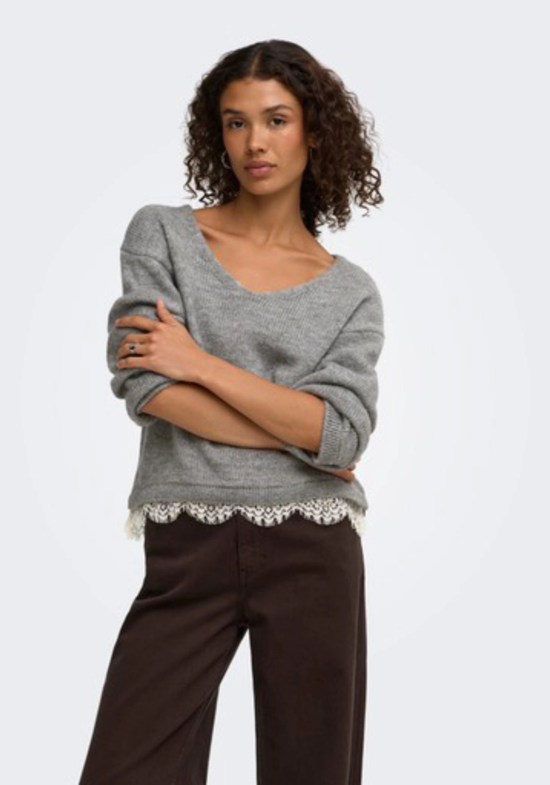 Stephanie Long Sleeve Lace Pullover - Light Grey Melange