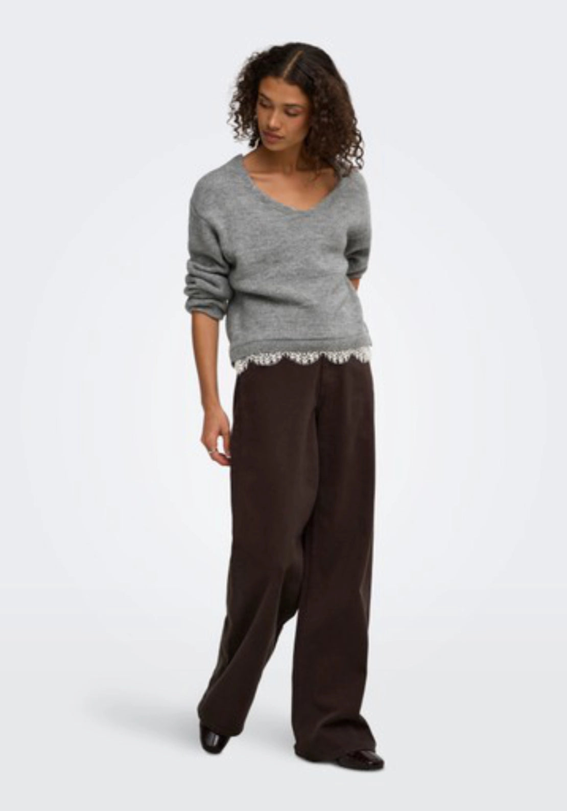 Stephanie Long Sleeve Lace Pullover - Light Grey Melange