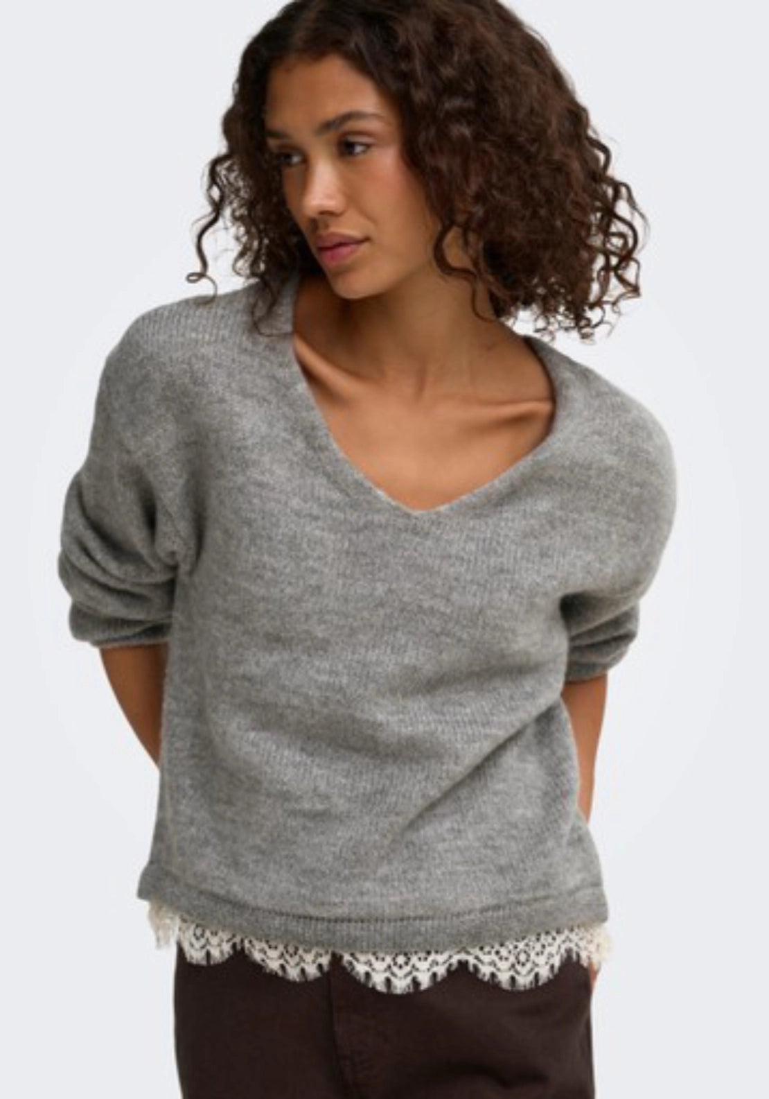 Stephanie Long Sleeve Lace Pullover - Light Grey Melange