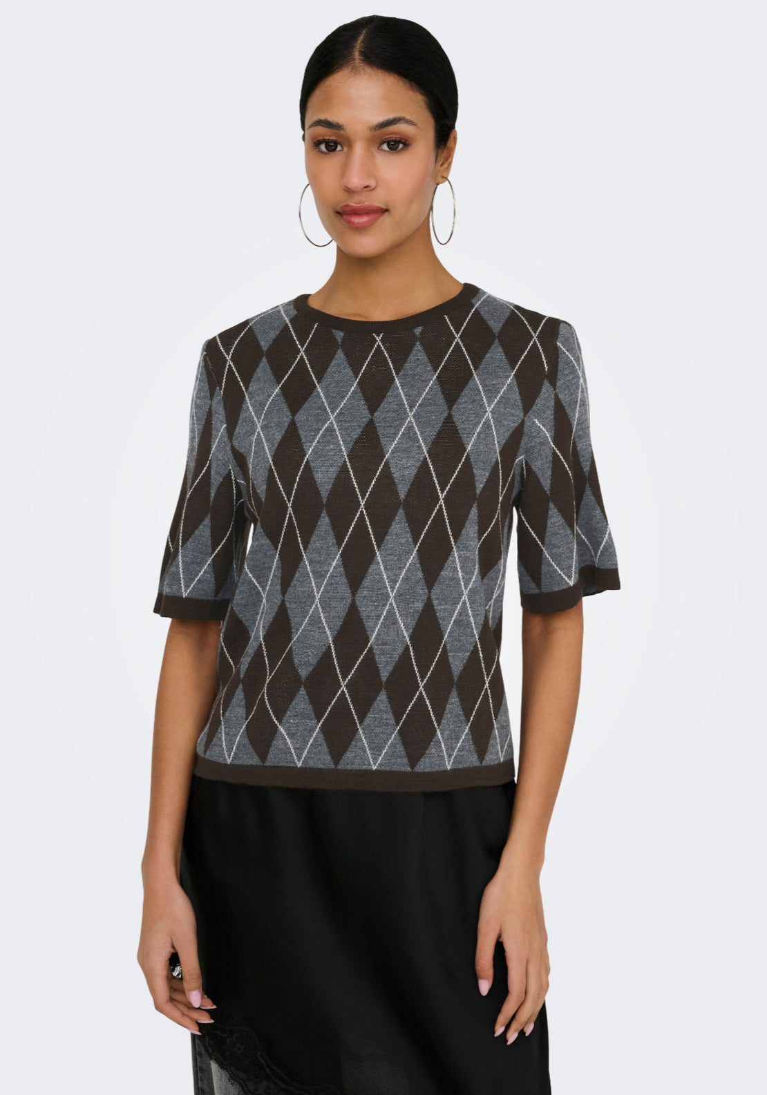 Jdy Maggy Short Sleeve Argyle Pullover - Grey 1 Shaws Department Stores