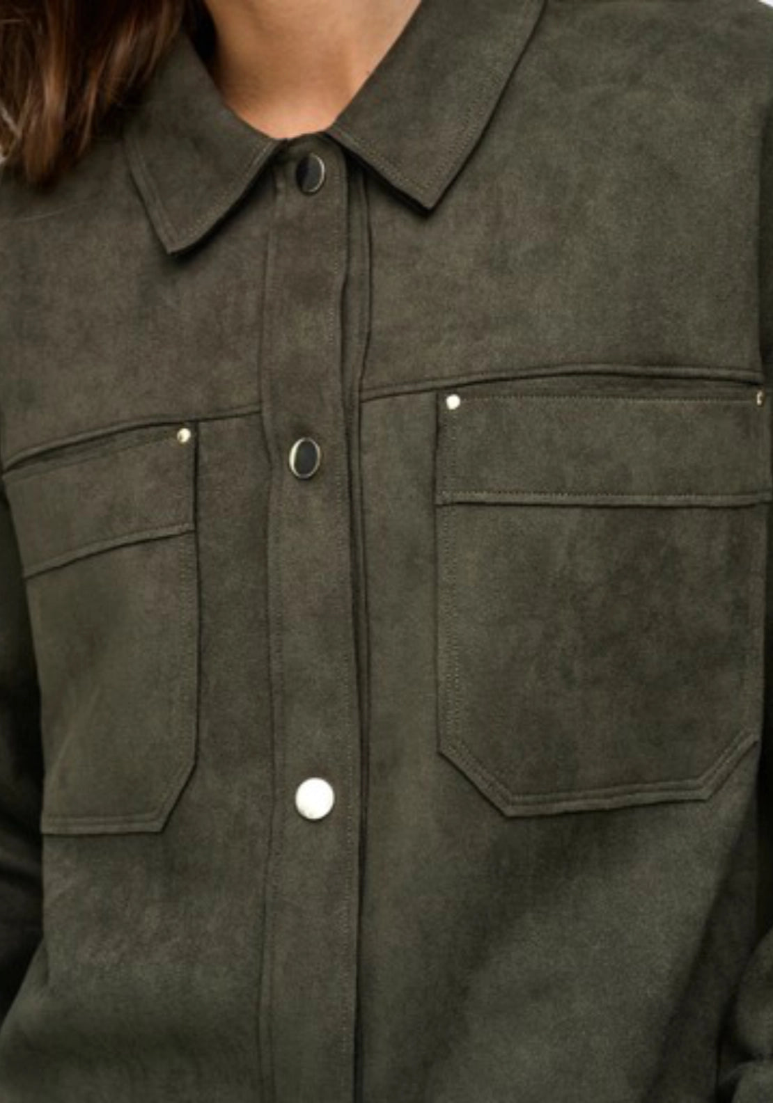 Julle Long Sleeve Faux Suede Shirt - Black Olive