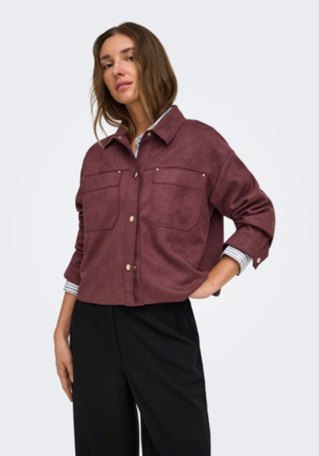 Julle Long Sleeve Faux Suede Shirt - Rum Raisin