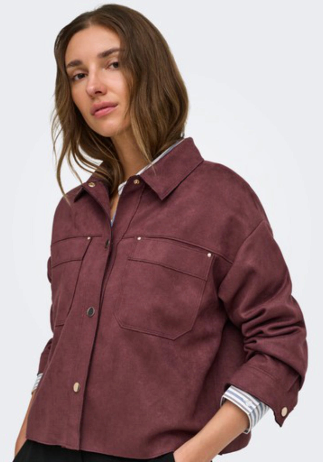 Julle Long Sleeve Faux Suede Shirt - Rum Raisin