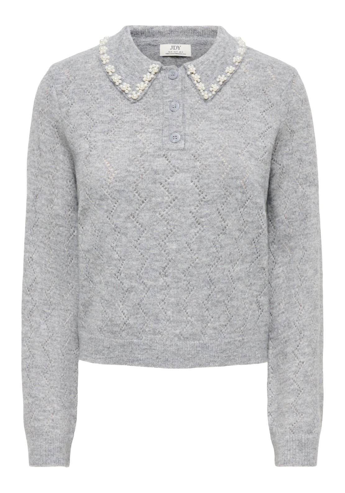 Jdy April Life Long Sleeve Pearl Collar Pullover - Medium Grey Melange 1 Shaws Department Stores