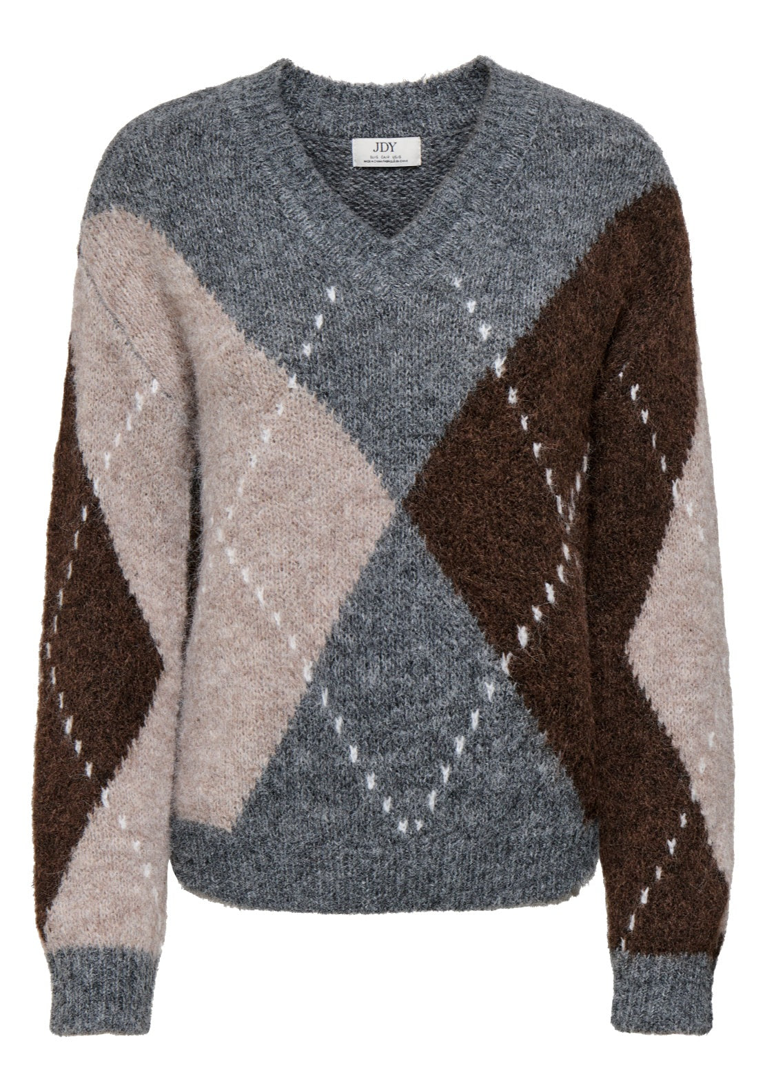 Jdy Zoey Long Sleeve Argyle Pullover - Medium Grey Melange 1 Shaws Department Stores