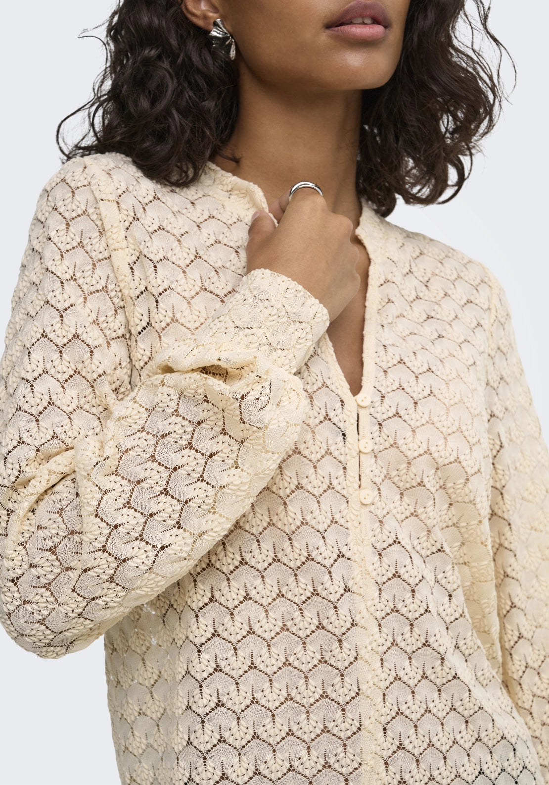 Avery Long Sleeve Lace V-Neck Top - Beige