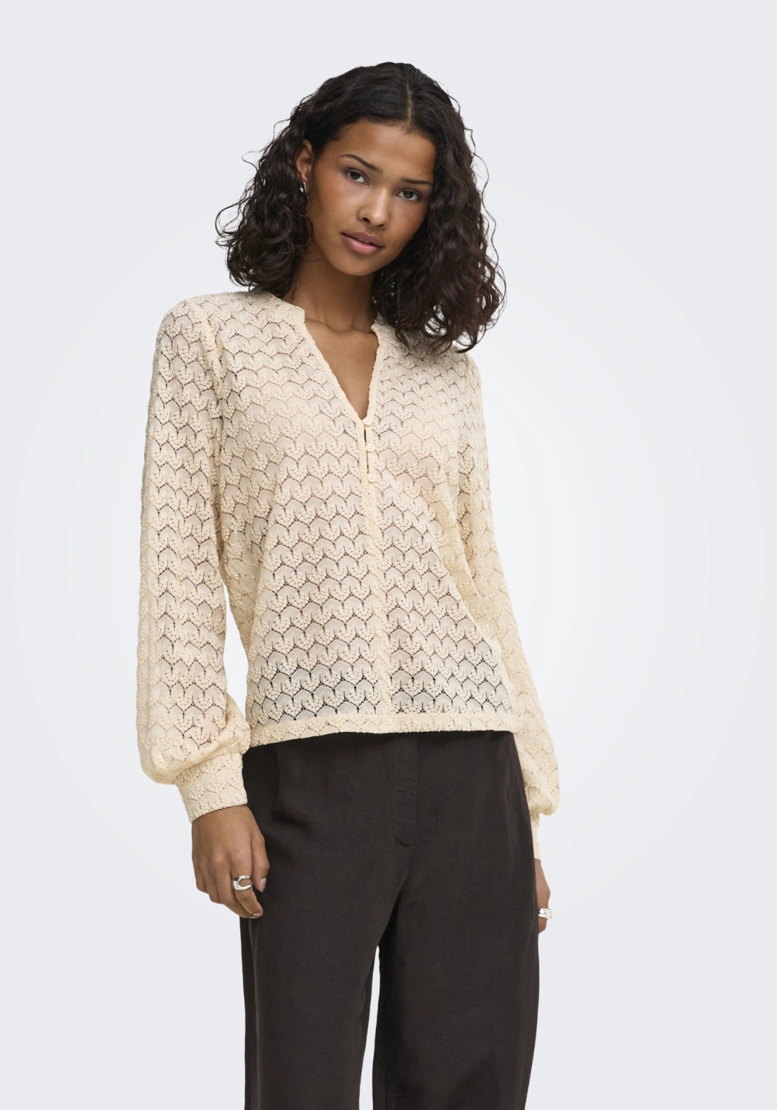 Avery Long Sleeve Lace V-Neck Top - Beige