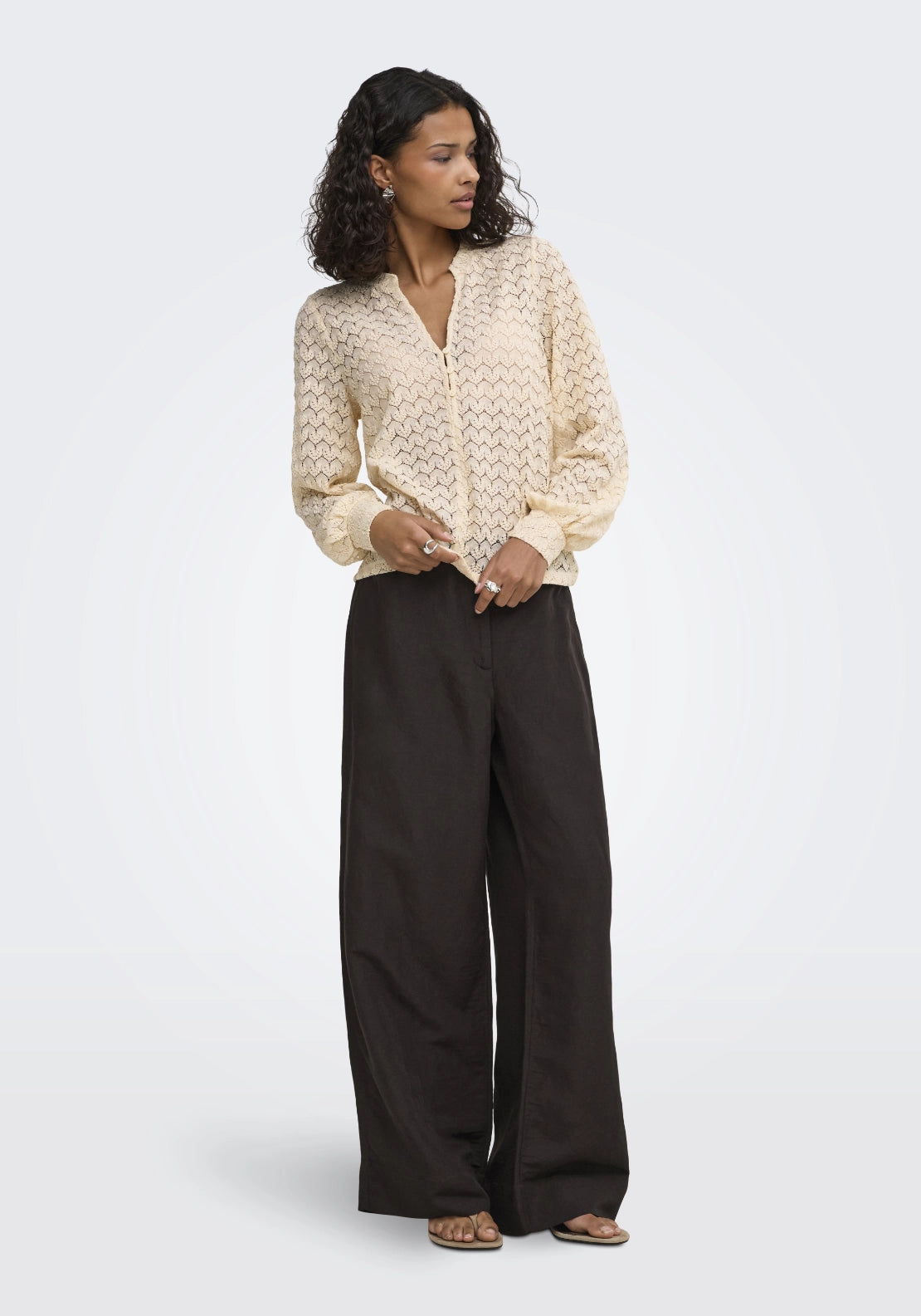 Avery Long Sleeve Lace V-Neck Top - Beige