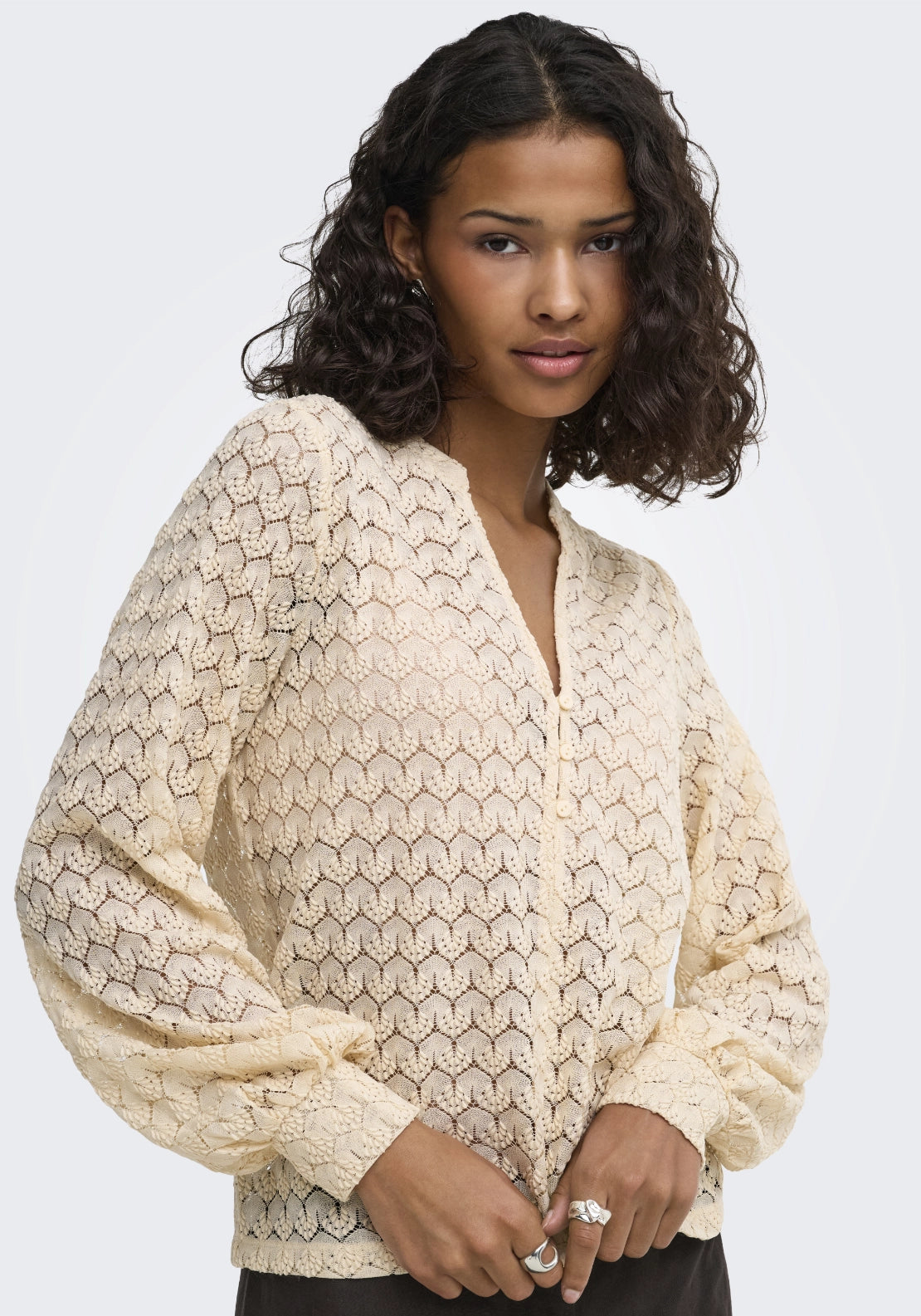 Avery Long Sleeve Lace V-Neck Top - Beige