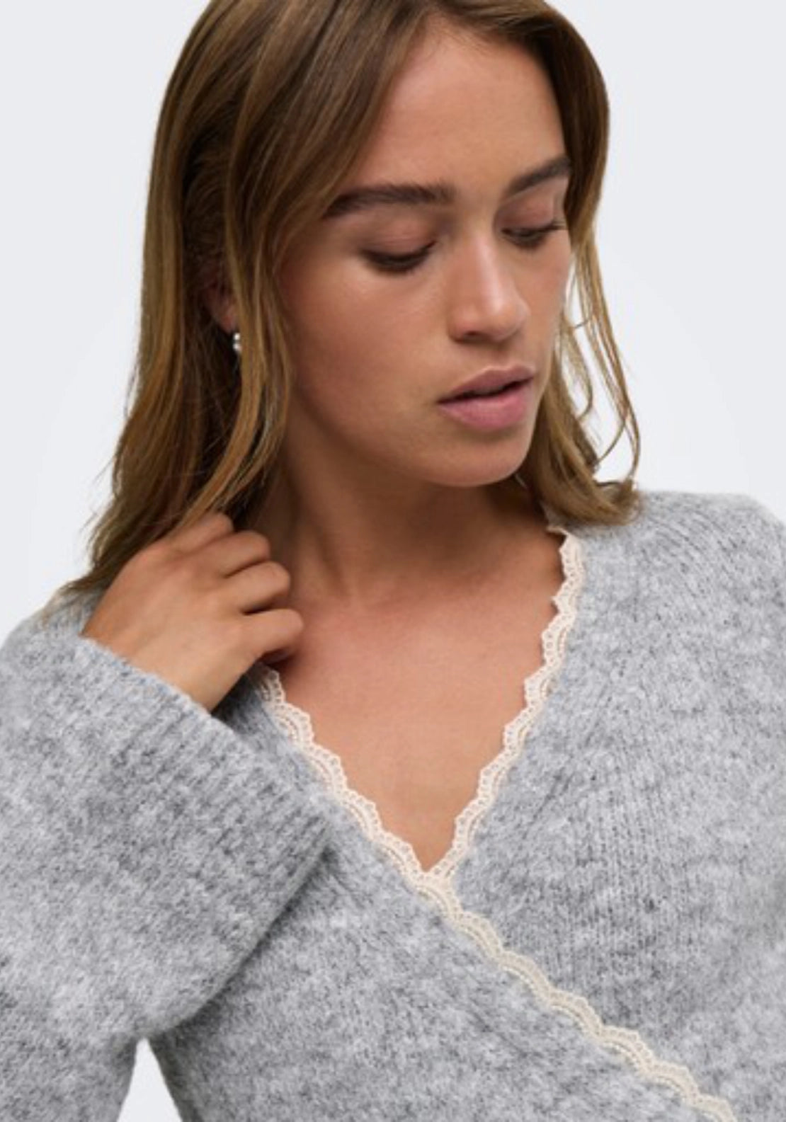 Dina Long Sleeve Wrap Lace Cardigan - Light Grey Melange