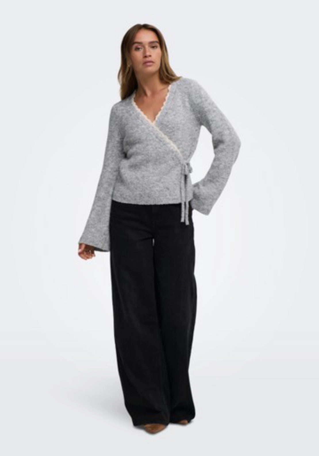 Dina Long Sleeve Wrap Lace Cardigan - Light Grey Melange