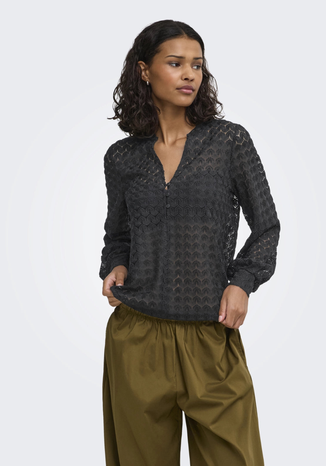 Avery Long Sleeve Lace V-Neck Top - Black