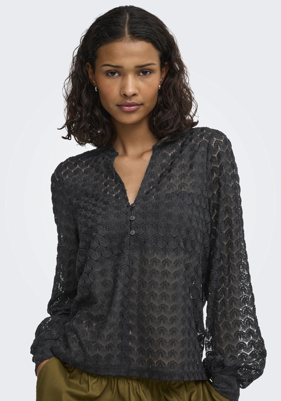 Avery Long Sleeve Lace V-Neck Top - Black