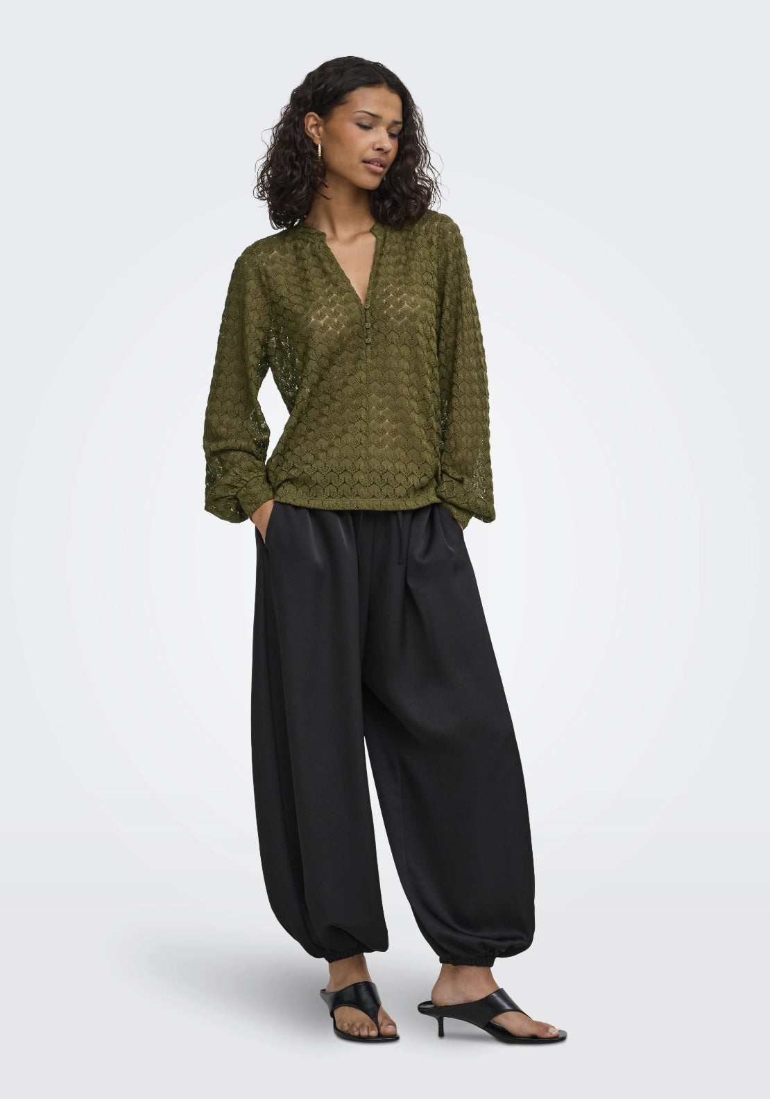 Avery Long Sleeve Lace V-Neck Top - Dark Olive