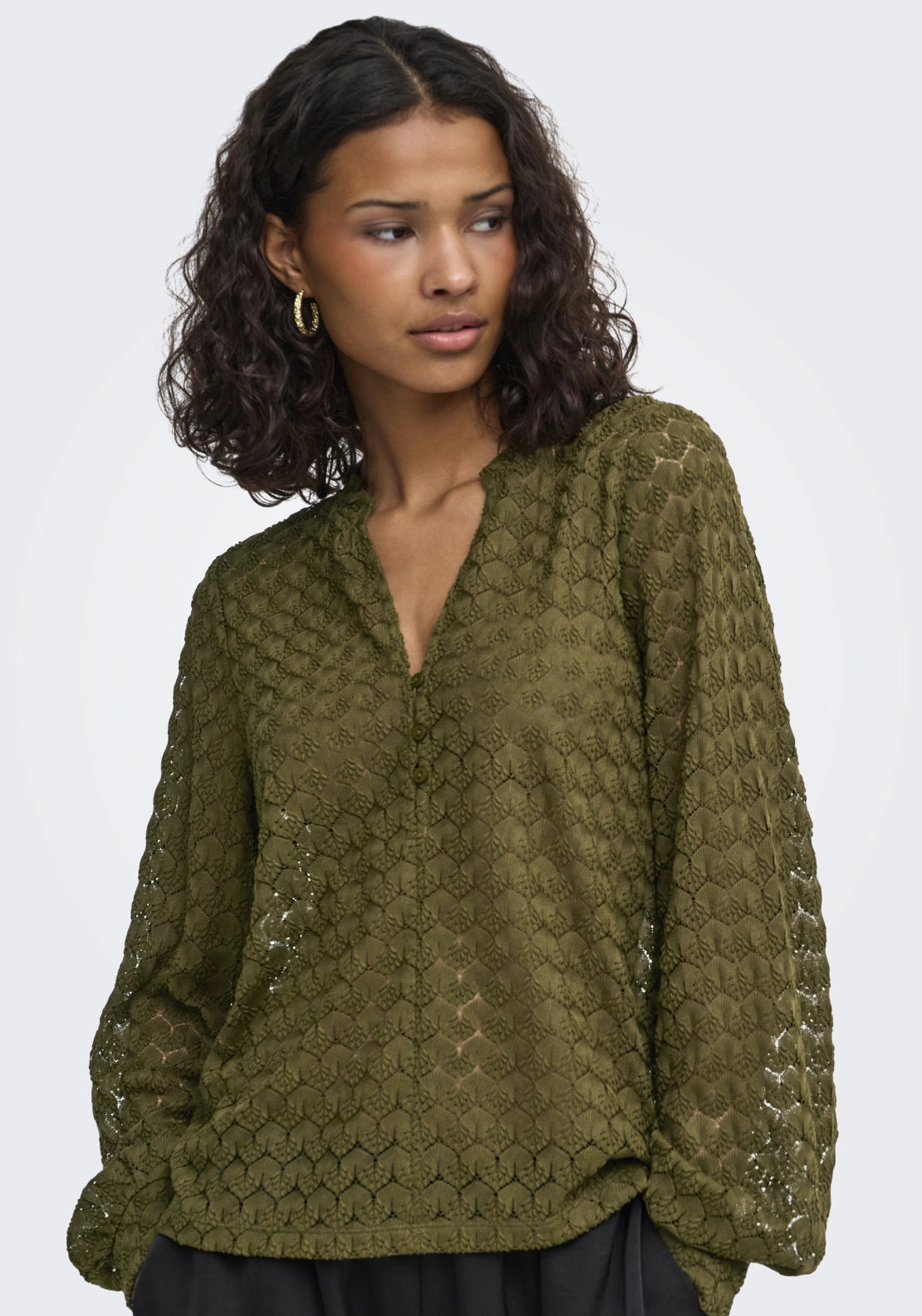Avery Long Sleeve Lace V-Neck Top - Dark Olive