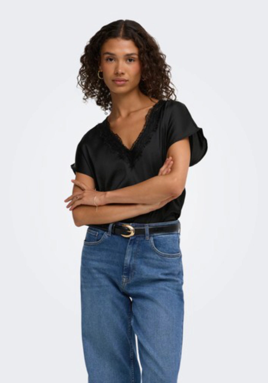 Fifi Short Sleeve V-Neck Top - Black