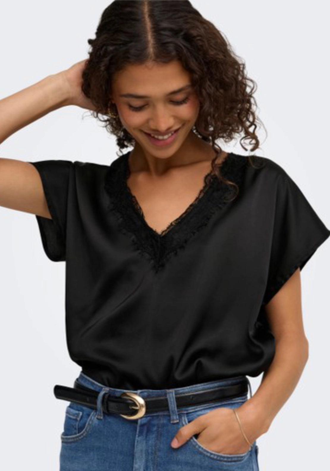 Fifi Short Sleeve V-Neck Top - Black