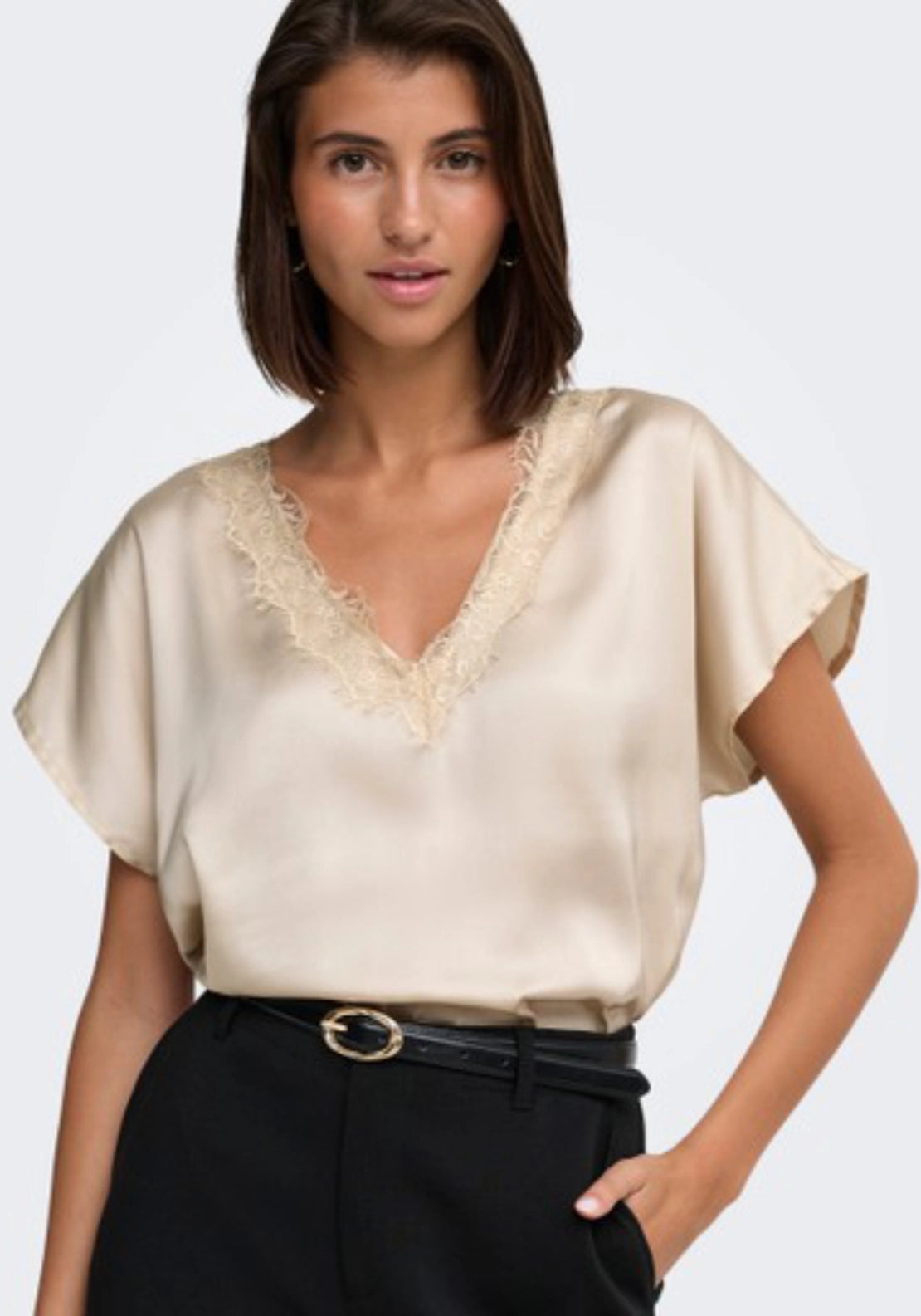 Fifi Short Sleeve V-Neck Top - Pumice Stone