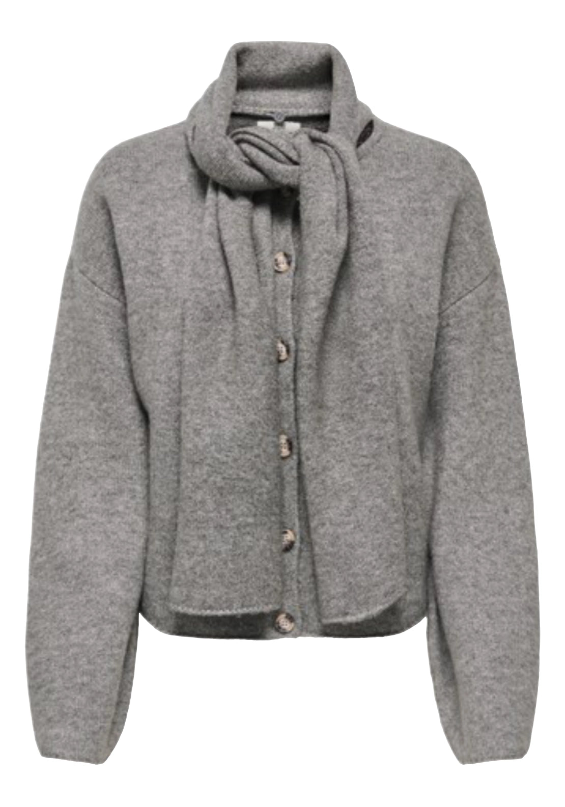 Dagmar Long Sleeve Scarf Detail Cardigan - Medium Grey Melange