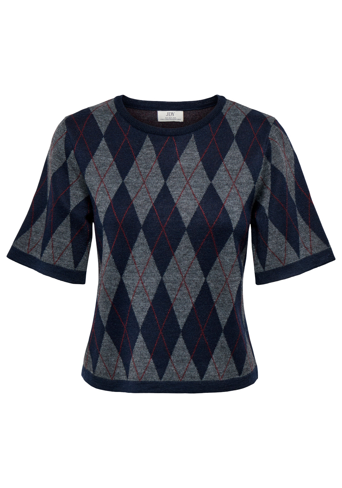 Maggy Short Sleeve Argyle Pullover - Smoked Pearl Black Iris/red