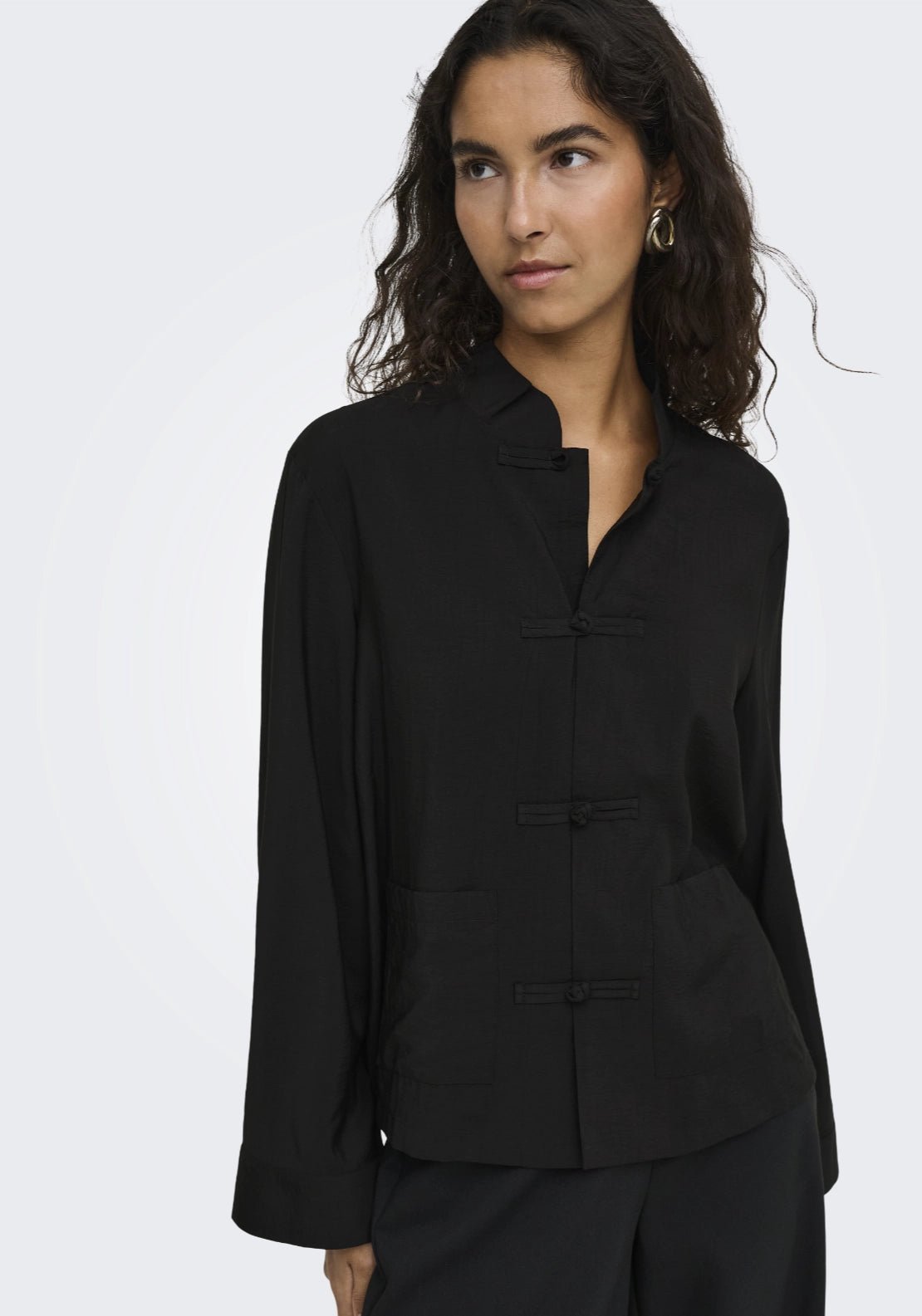 Jdy Mandarin Collar Cotton Shirt - Black 1 Shaws Department Stores