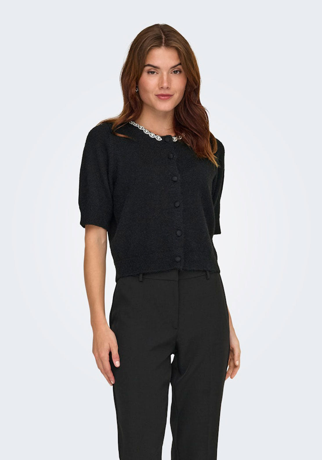 Jdy Short Sleeve Buttoned Embellished Cardigan - Black Silver Embellishment 1 Shaws Department Stores