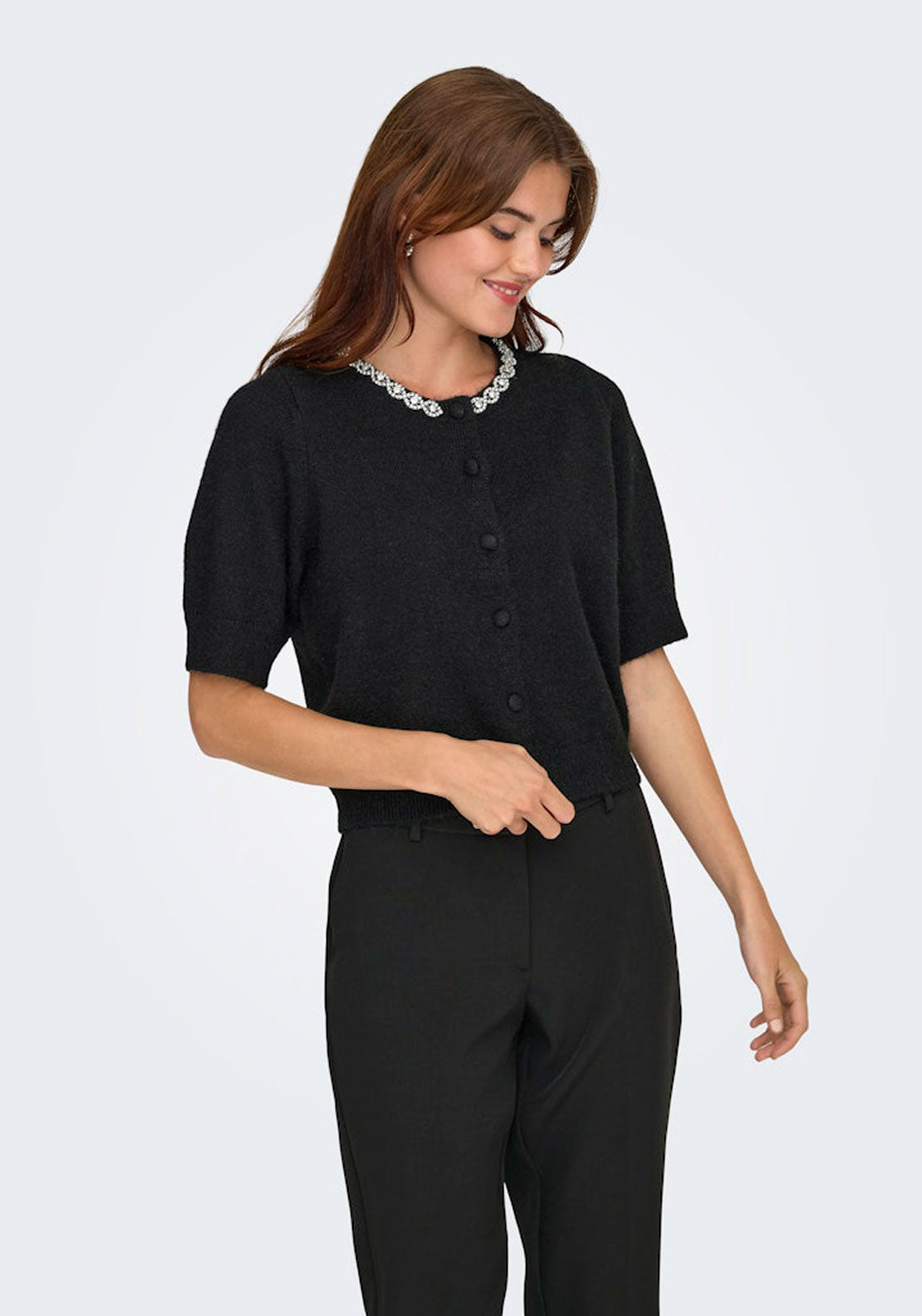 Jdy Short Sleeve Buttoned Embellished Cardigan - Black Silver Embellishment 3 Shaws Department Stores