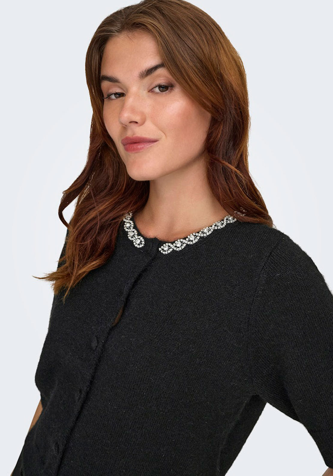 Jdy Short Sleeve Buttoned Embellished Cardigan - Black Silver Embellishment 4 Shaws Department Stores