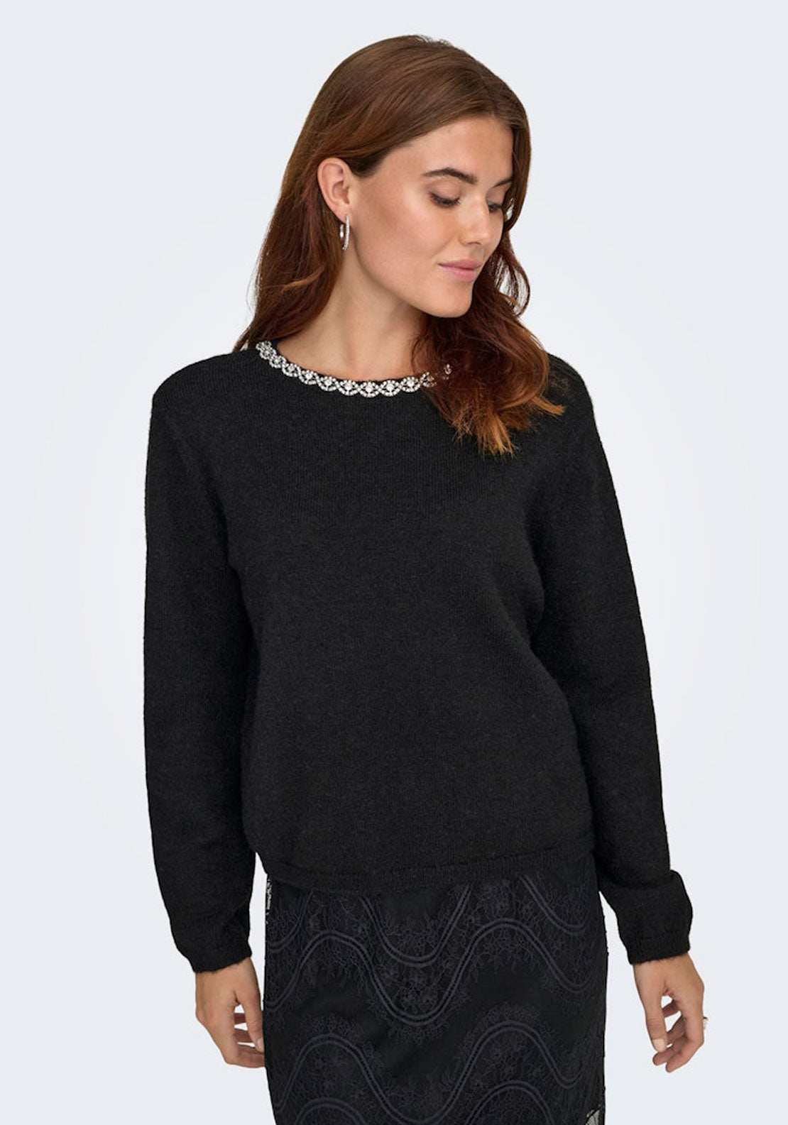 Jdy Long Sleeve Knitted Embellished Pullover - Black Silver Embellishment 1 Shaws Department Stores