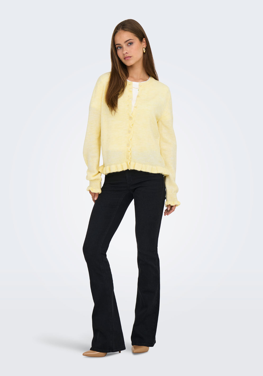 Jdy Letty Long Sleeve On Frill Cardigan - Pastel Yellow Melange 5 Shaws Department Stores