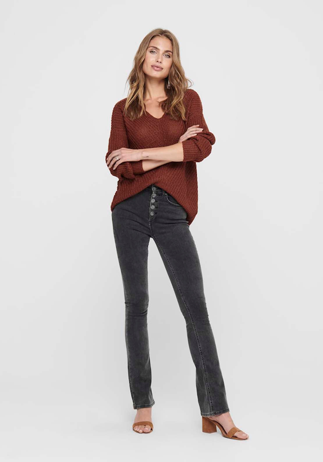 Jdy Long Sleeve V-Neck Jumper - Smoked Paprika W. Black Ply 4 Shaws Department Stores