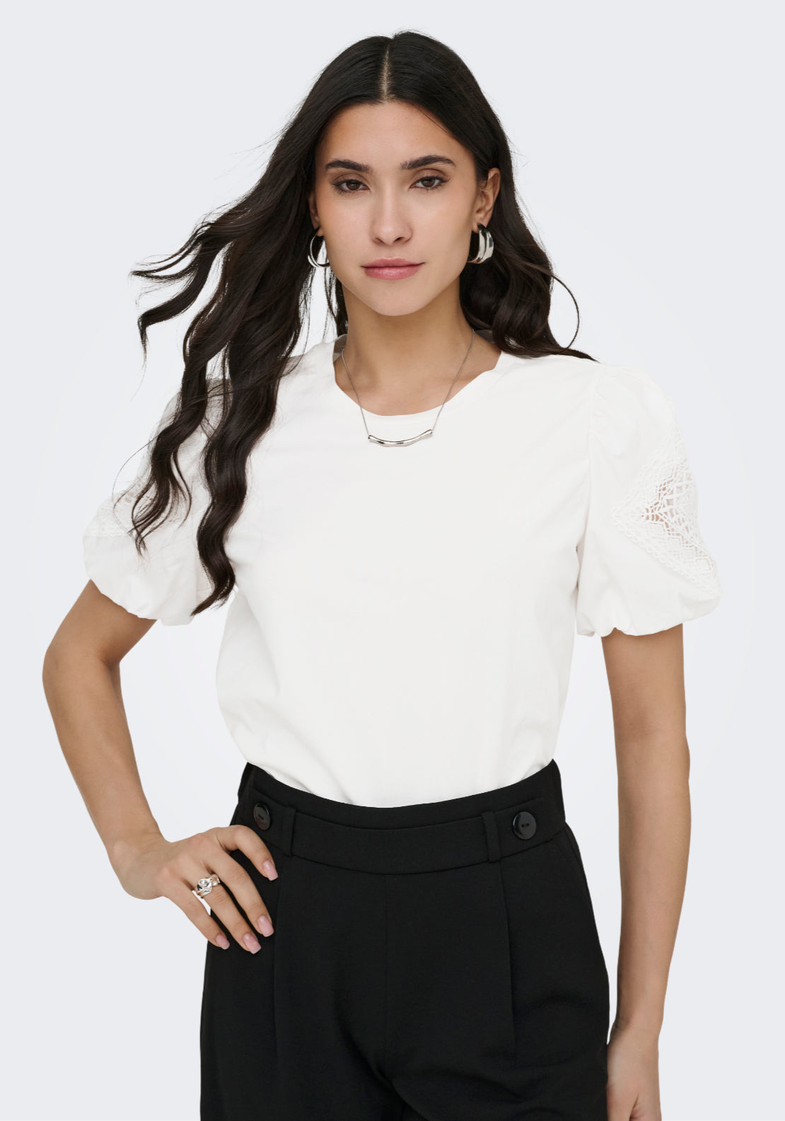 Jdy Uma Life Short Sleeve Lace Detail Top - Cloud Dancer 1 Shaws Department Stores