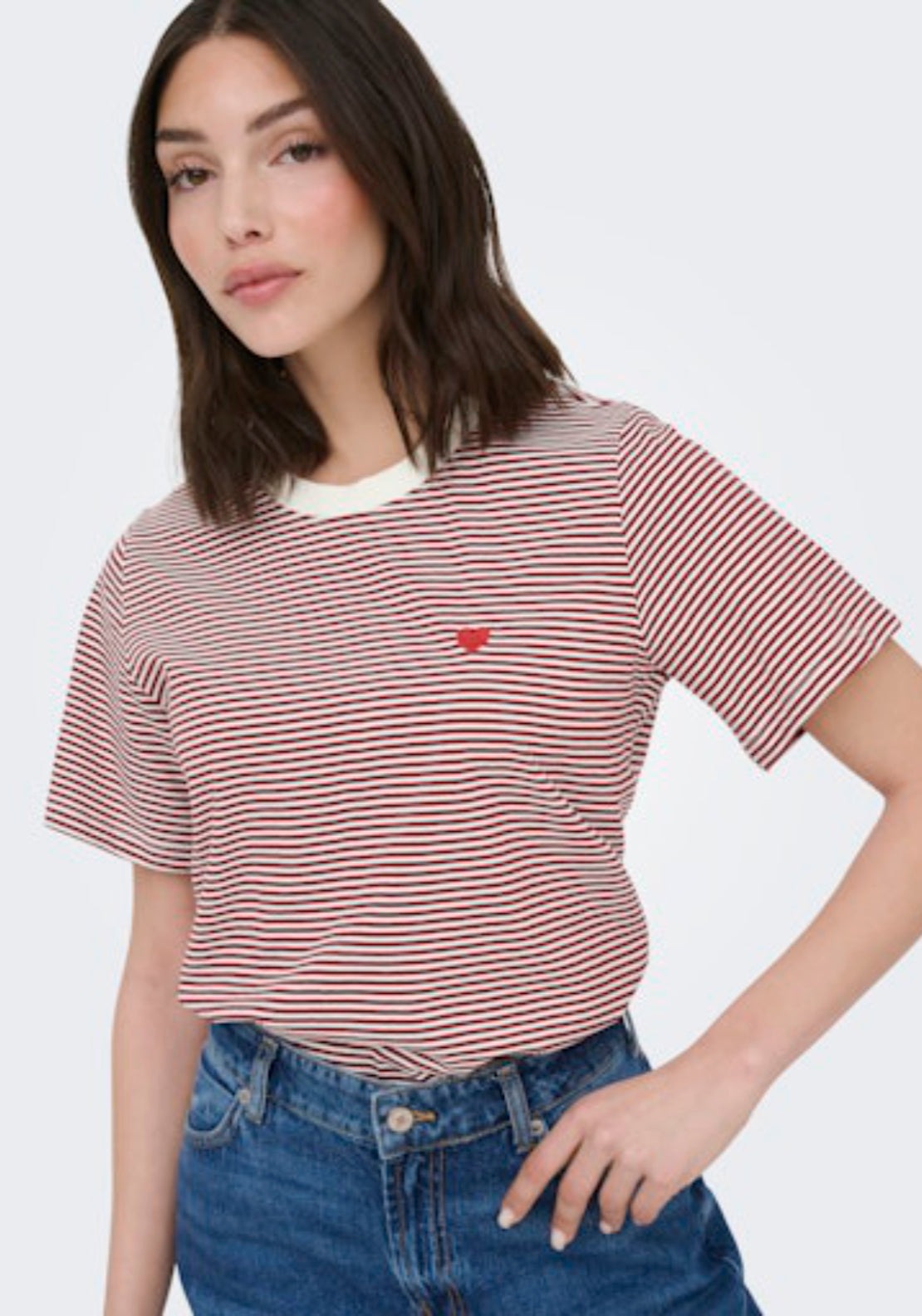 Jdy Pisa Short Sleeve Print Top - Cloud Dancer/rhubarb Stripes 3 Shaws Department Stores