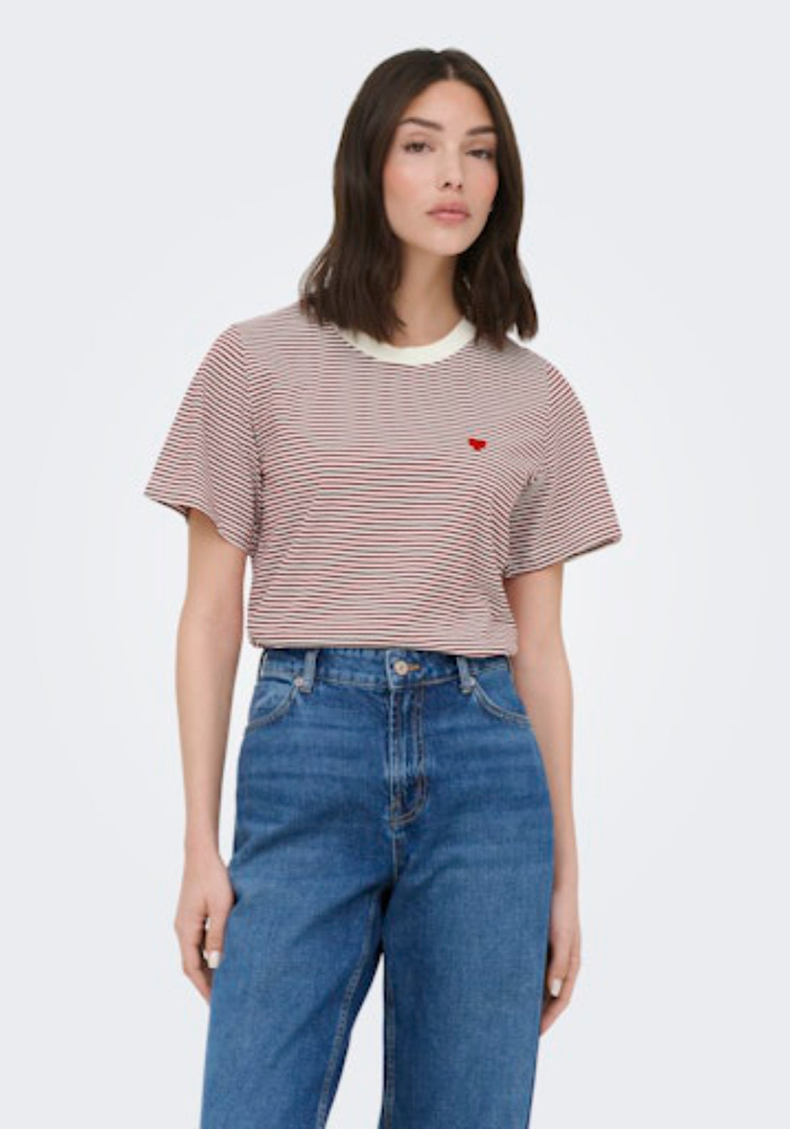 Jdy Pisa Short Sleeve Print Top - Cloud Dancer/rhubarb Stripes 1 Shaws Department Stores