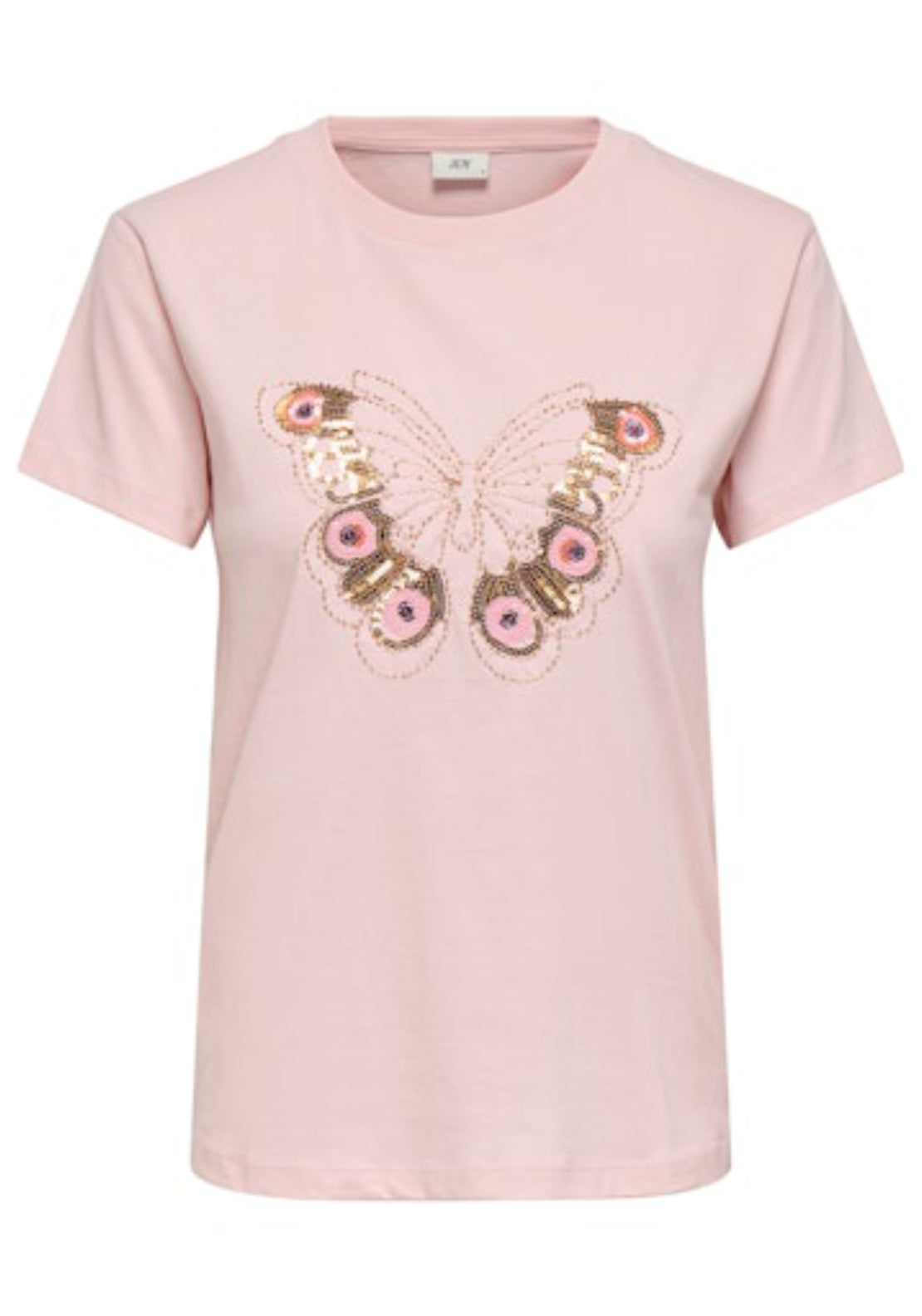 Bena Short Sleeve Patch Top - Pink Dogwood Butterfly Sequin